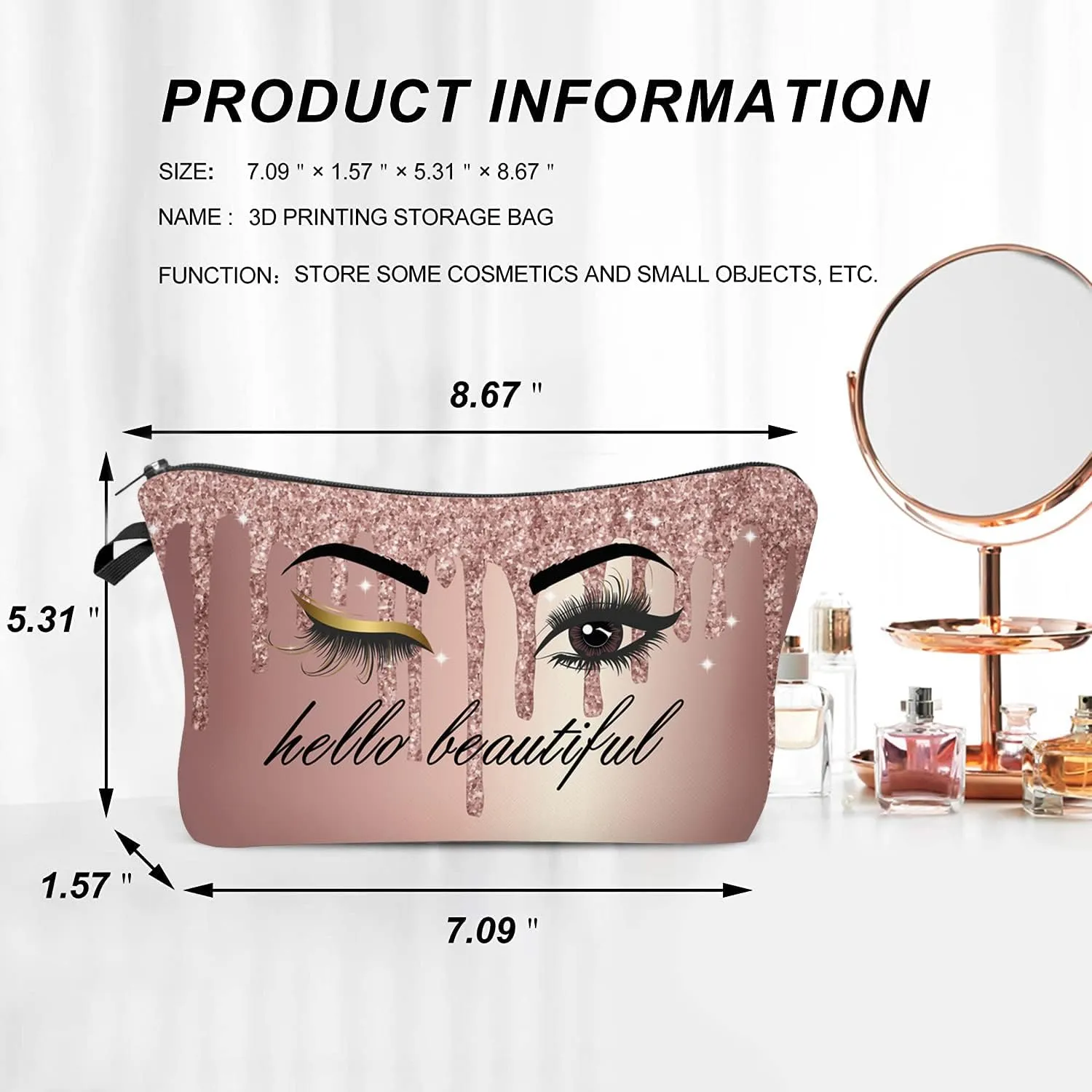Hello Beautiful Makeup Bag for Purse Eyelash Pink Cosmetic Bags for Women Inspirational Gift Small Funny Cosmetics Glitters Eyeshadows Travel Bag Cases for Toiletries Accessories Organizer