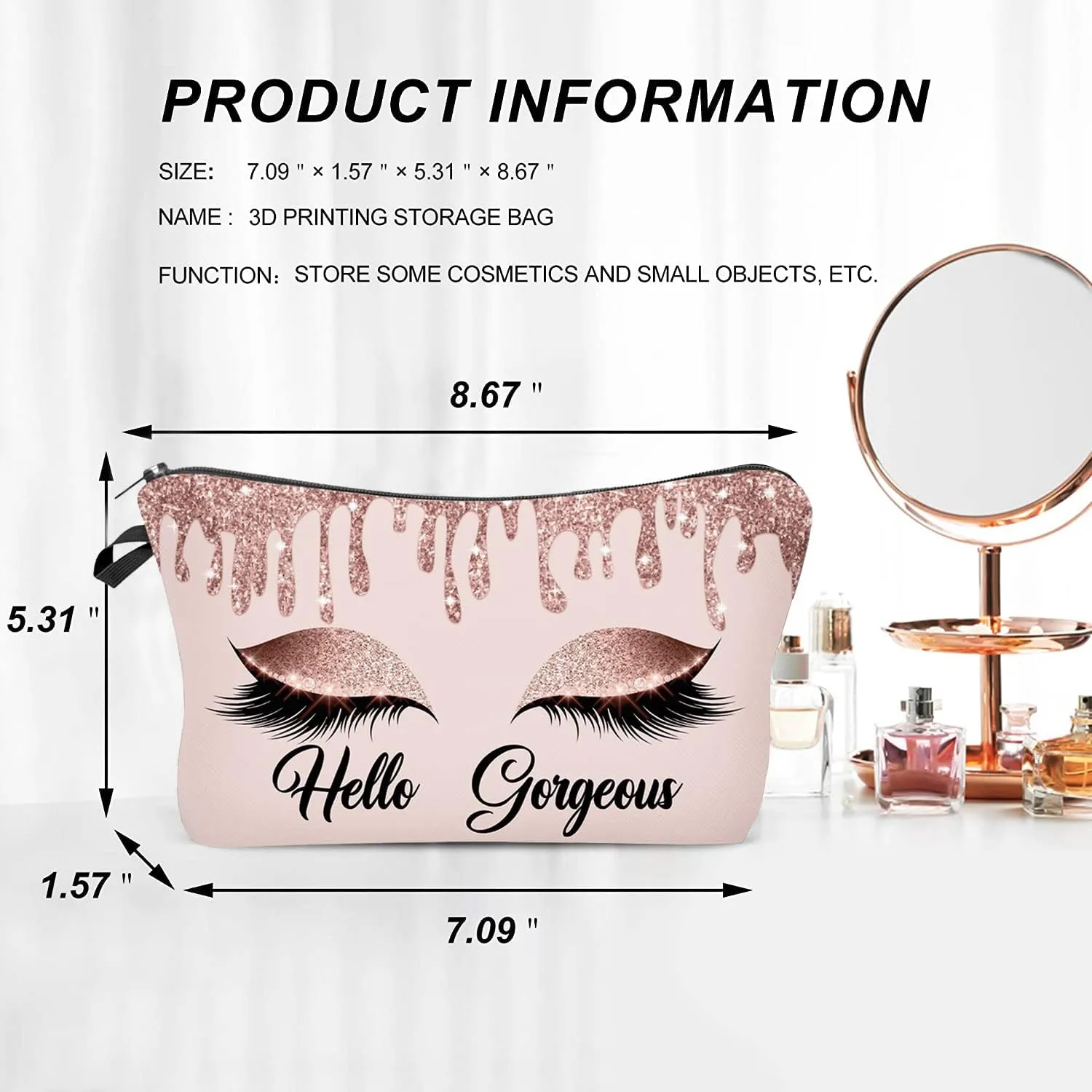 Hello Gorgeous Makeup Bag for Purse Eyelash Pink Cosmetic Bags for Women Inspirational Gift Small Funny Cosmetics Glitters Eyeshadows Travel Bag Cases for Toiletries Accessories Organizer
