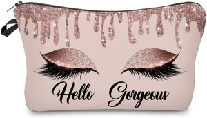 Hello Gorgeous Makeup Bag for Purse Eyelash Pink Cosmetic Bags for Women Inspirational Gift Small Funny Cosmetics Glitters Eyeshadows Travel Bag Cases for Toiletries Accessories Organizer