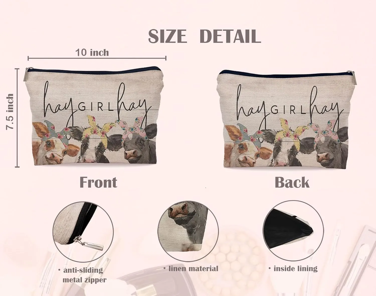 Hey Girl Hey Rustic Cow Makeup Bag,Watercolor Cows with Bandanas Cosmetic Makeup Bag for Women,Cow Lovers Gifts Makeup Bag