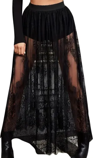 HGps8w Women's Gothic Punk Sheer Lace Maxi Skirt Sexy Beach Cover-ups Casual Streetwear Long Y2K Skirts