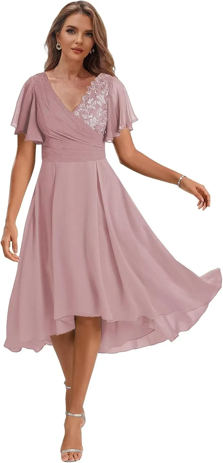 High Low Mother of The Bride Dresses for Women Tea Length Wedding Guest Formal Dress with Sleeves