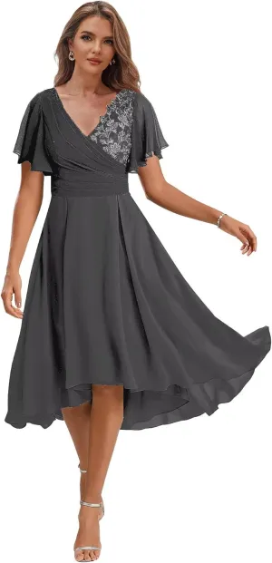 High Low Mother of The Bride Dresses for Women Tea Length Wedding Guest Formal Dress with Sleeves