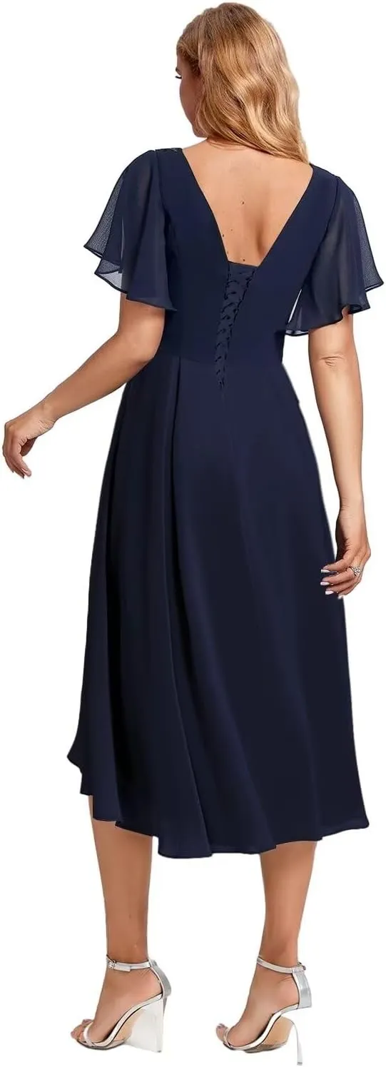 High Low Mother of The Bride Dresses for Women Tea Length Wedding Guest Formal Dress with Sleeves