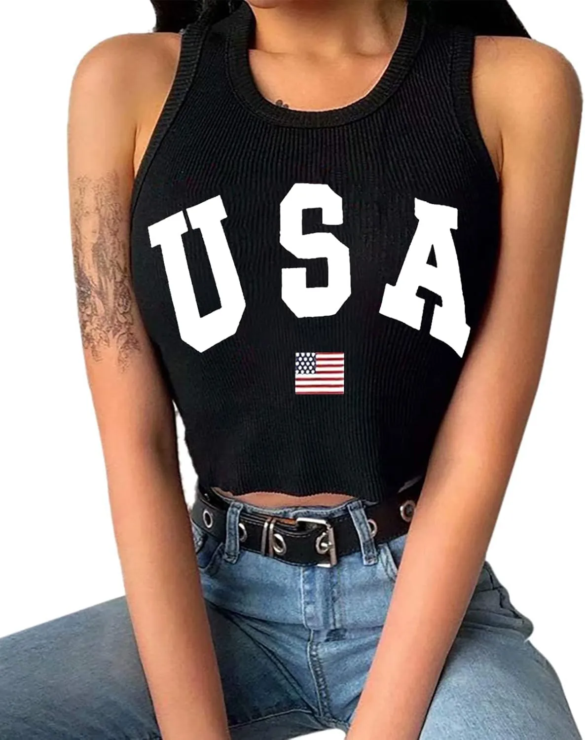 Hilinker Women's Summer Tank Tops Sleeveless Letter Graphic Printed Ribbed Knit Basic Crop Cami Tops Shirt