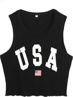 Hilinker Women's Summer Tank Tops Sleeveless Letter Graphic Printed Ribbed Knit Basic Crop Cami Tops Shirt