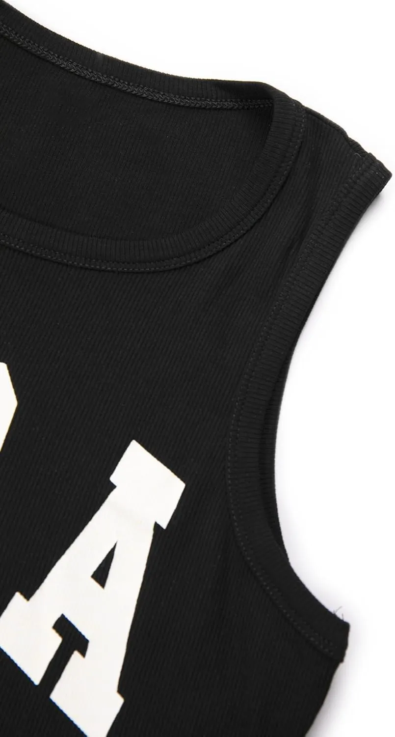 Hilinker Women's Summer Tank Tops Sleeveless Letter Graphic Printed Ribbed Knit Basic Crop Cami Tops Shirt