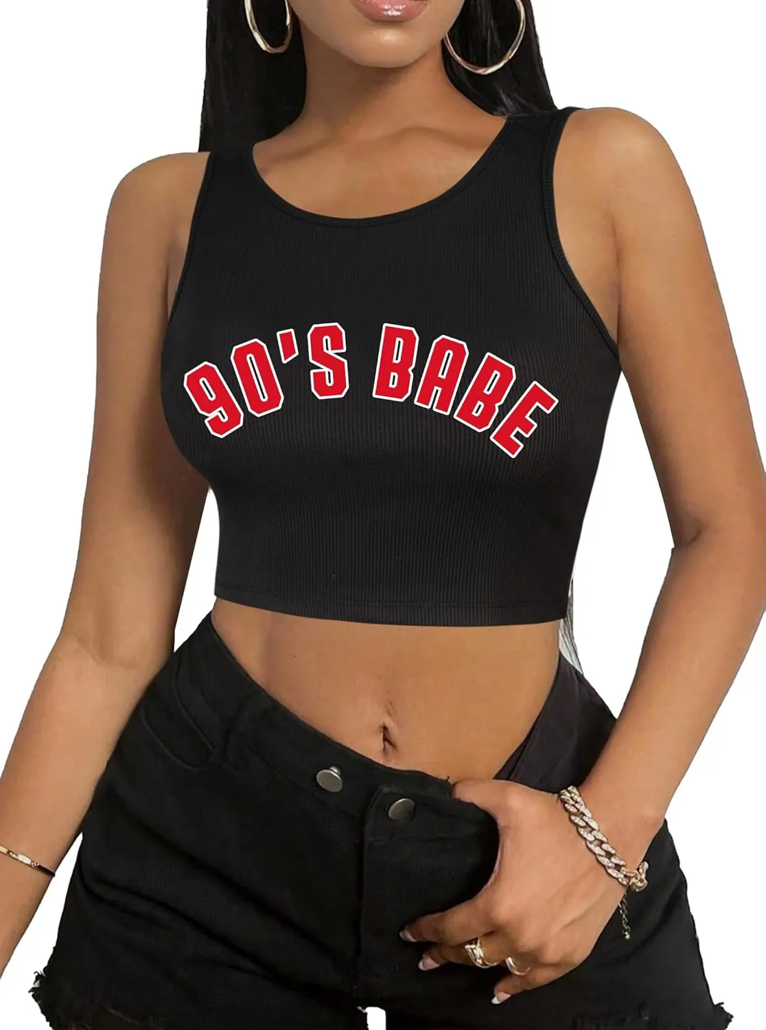 Hilinker Women's Summer Tank Tops Sleeveless Letter Graphic Printed Ribbed Knit Basic Crop Cami Tops Shirt