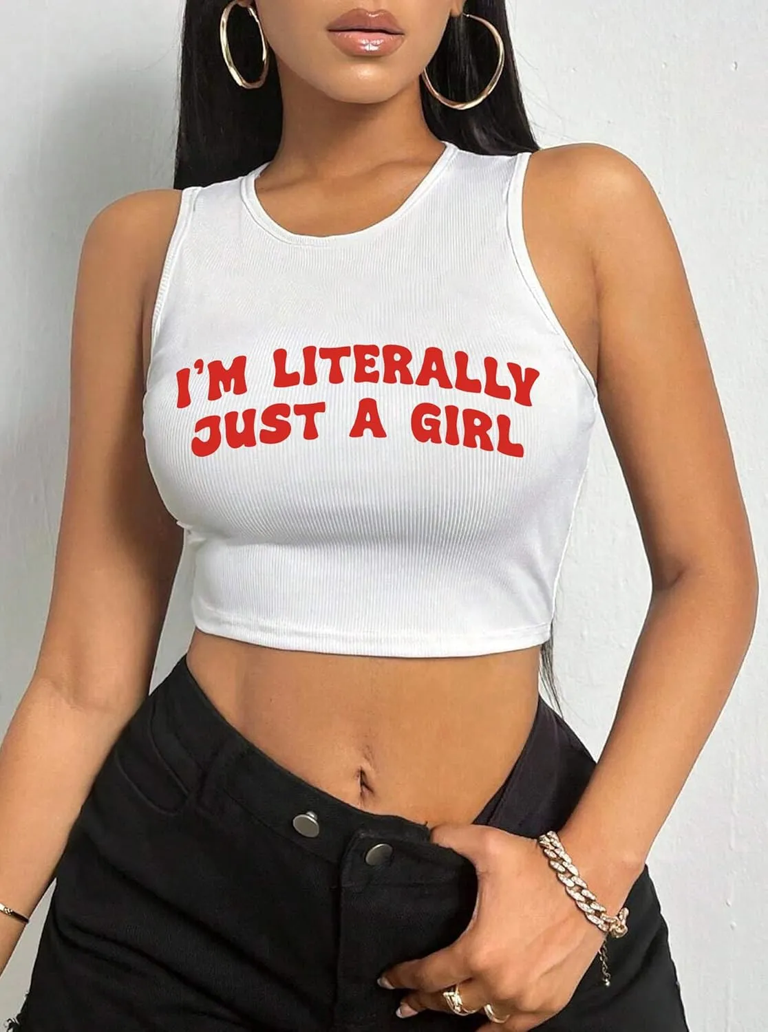Hilinker Women's Summer Tank Tops Sleeveless Letter Graphic Printed Ribbed Knit Basic Crop Cami Tops Shirt