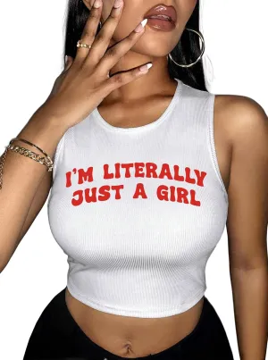 Hilinker Women's Summer Tank Tops Sleeveless Letter Graphic Printed Ribbed Knit Basic Crop Cami Tops Shirt