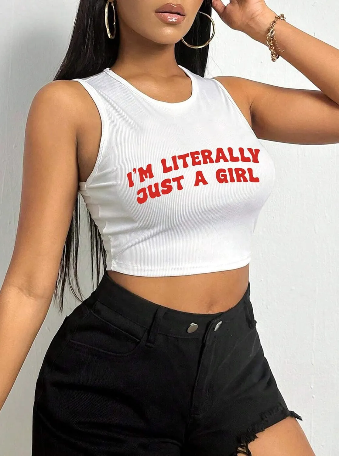 Hilinker Women's Summer Tank Tops Sleeveless Letter Graphic Printed Ribbed Knit Basic Crop Cami Tops Shirt