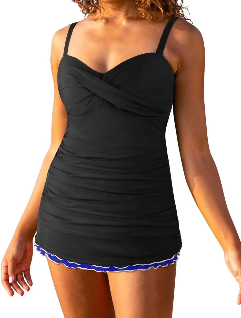 Hilor Women's One Piece Swimsuits Tummy Control Swimwear Ruffle Swimdress with Built in Swim Brief