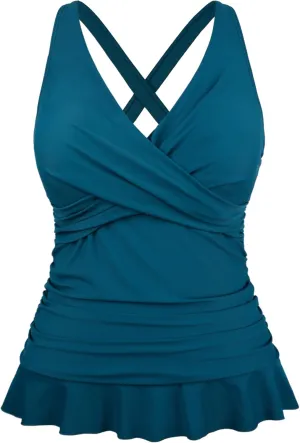 Hilor Women's Underwire Tankini Tops Tummy Control Swimsuits Crossover V Neck Swim Tops with Ruffle Hem