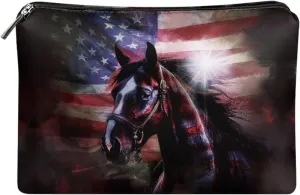 Horse Cosmetic Bags Makeup Bags Toiletry Bag American Flag Large Capacity Organizer Pouch with Zipper Travel Accessories for Women Girls
