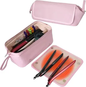 Hot Hair Tools Travel Bag with Heat-resistant Mat, Hair Tools Organizer for Straighteners, Curling Iron, Hair Dryers, Hair Accessories, Waterproof 2 in 1 Hair Styling Curling Iron Travel Case (Pink)