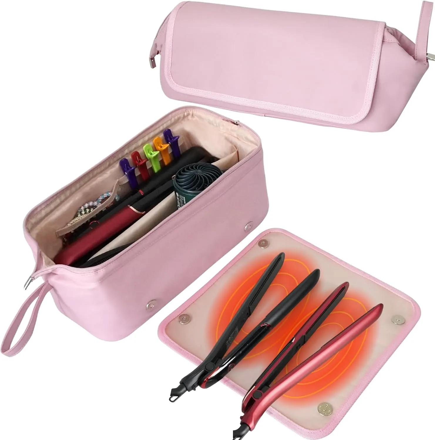 Hot Hair Tools Travel Bag with Heat-resistant Mat, Hair Tools Organizer for Straighteners, Curling Iron, Hair Dryers, Hair Accessories, Waterproof 2 in 1 Hair Styling Curling Iron Travel Case (Pink)