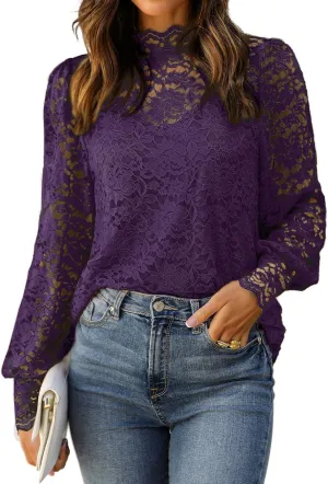 HOTOUCH Womens Lace Tops Mesh Sheer Floral Long Sleeve Mock Neck Casual Dressy Blouse Shirt with Camisole Sexy 2 PCS Set