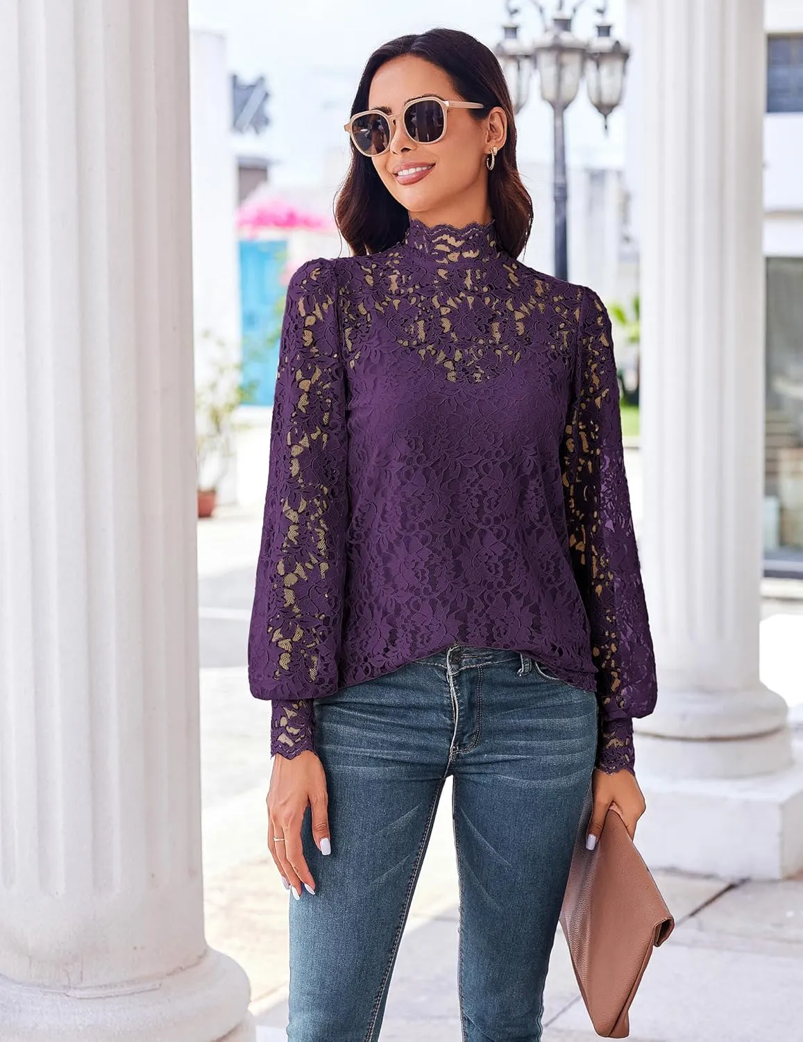 HOTOUCH Womens Lace Tops Mesh Sheer Floral Long Sleeve Mock Neck Casual Dressy Blouse Shirt with Camisole Sexy 2 PCS Set