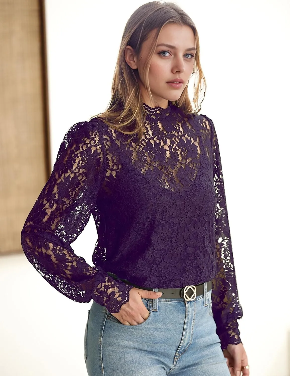 HOTOUCH Womens Lace Tops Mesh Sheer Floral Long Sleeve Mock Neck Casual Dressy Blouse Shirt with Camisole Sexy 2 PCS Set