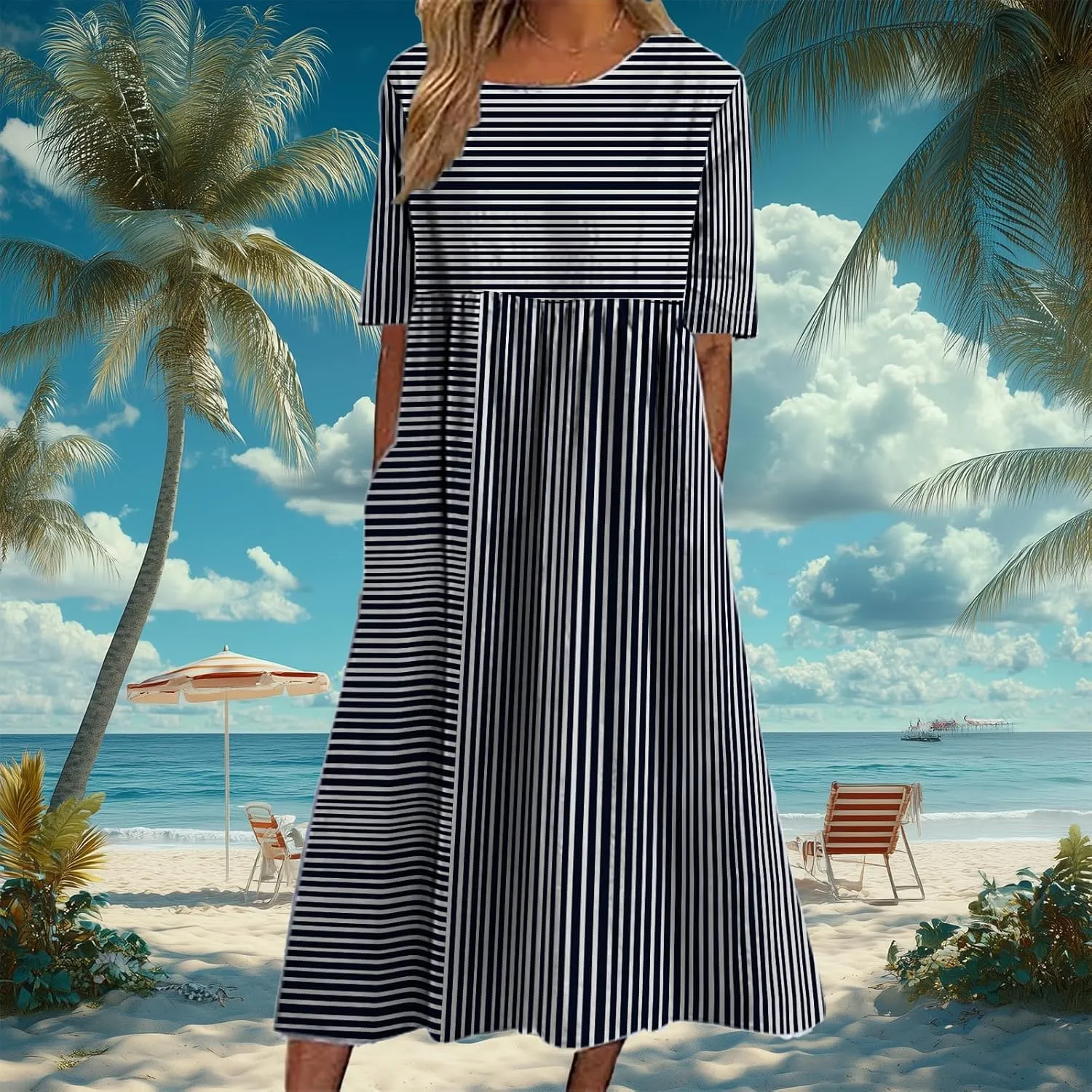 HOTYD Womens Boho Floral Midi Dress Plus Size Short Sleeve Crew Neck Casual Loose Flt Flowy Summer Dress with Pockets