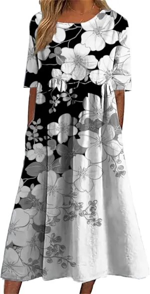 HOTYD Womens Boho Floral Midi Dress Plus Size Short Sleeve Crew Neck Casual Loose Flt Flowy Summer Dress with Pockets