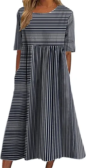 HOTYD Womens Boho Floral Midi Dress Plus Size Short Sleeve Crew Neck Casual Loose Flt Flowy Summer Dress with Pockets