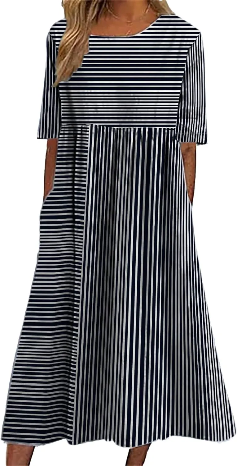 HOTYD Womens Boho Floral Midi Dress Plus Size Short Sleeve Crew Neck Casual Loose Flt Flowy Summer Dress with Pockets