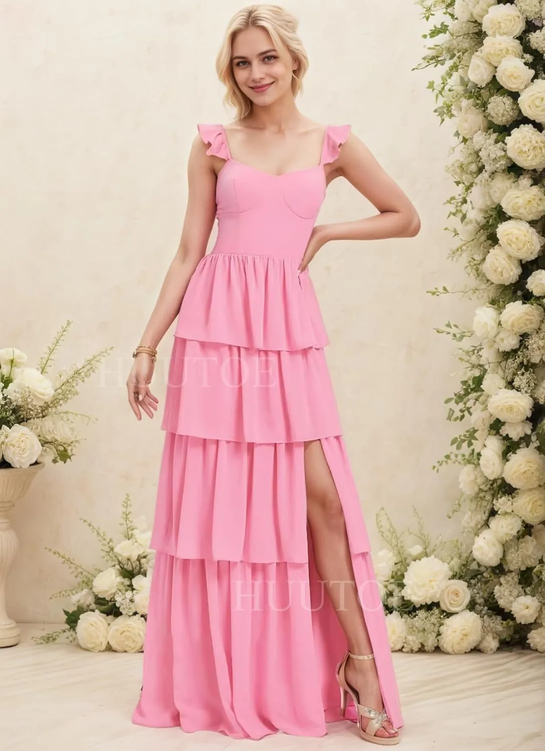HUUTOE Chiffon Bridesmaid Dresses for Women 2025 Long Spaghetti Straps Ruffle Tiered Formal Wedding Guest Dress with Slit