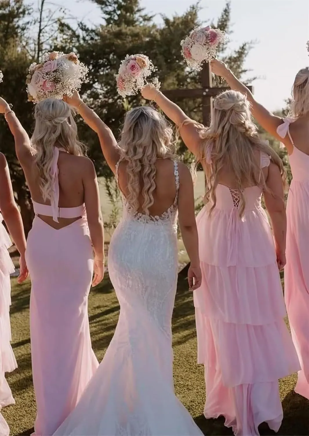 HUUTOE Chiffon Bridesmaid Dresses for Women 2025 Long Spaghetti Straps Ruffle Tiered Formal Wedding Guest Dress with Slit