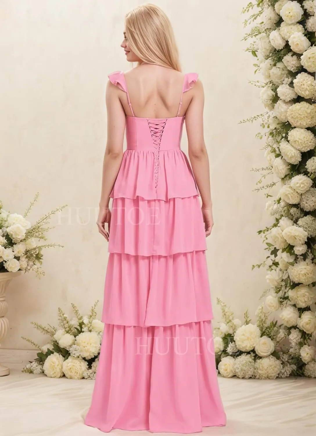 HUUTOE Chiffon Bridesmaid Dresses for Women 2025 Long Spaghetti Straps Ruffle Tiered Formal Wedding Guest Dress with Slit