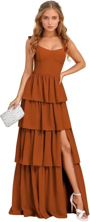 HUUTOE Chiffon Bridesmaid Dresses for Women 2025 Long Spaghetti Straps Ruffle Tiered Formal Wedding Guest Dress with Slit