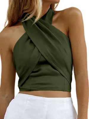 HYPERFIRE Women's Sexy Criss Cross Halter Sleeveless Wrap Front Backless Cami Crop Top Clubbing