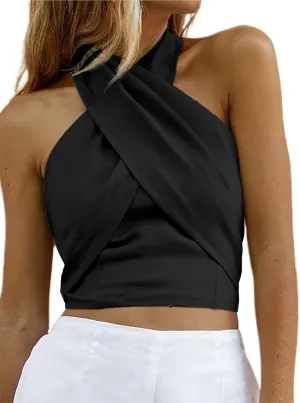 HYPERFIRE Women's Sexy Criss Cross Halter Sleeveless Wrap Front Backless Cami Crop Top Clubbing