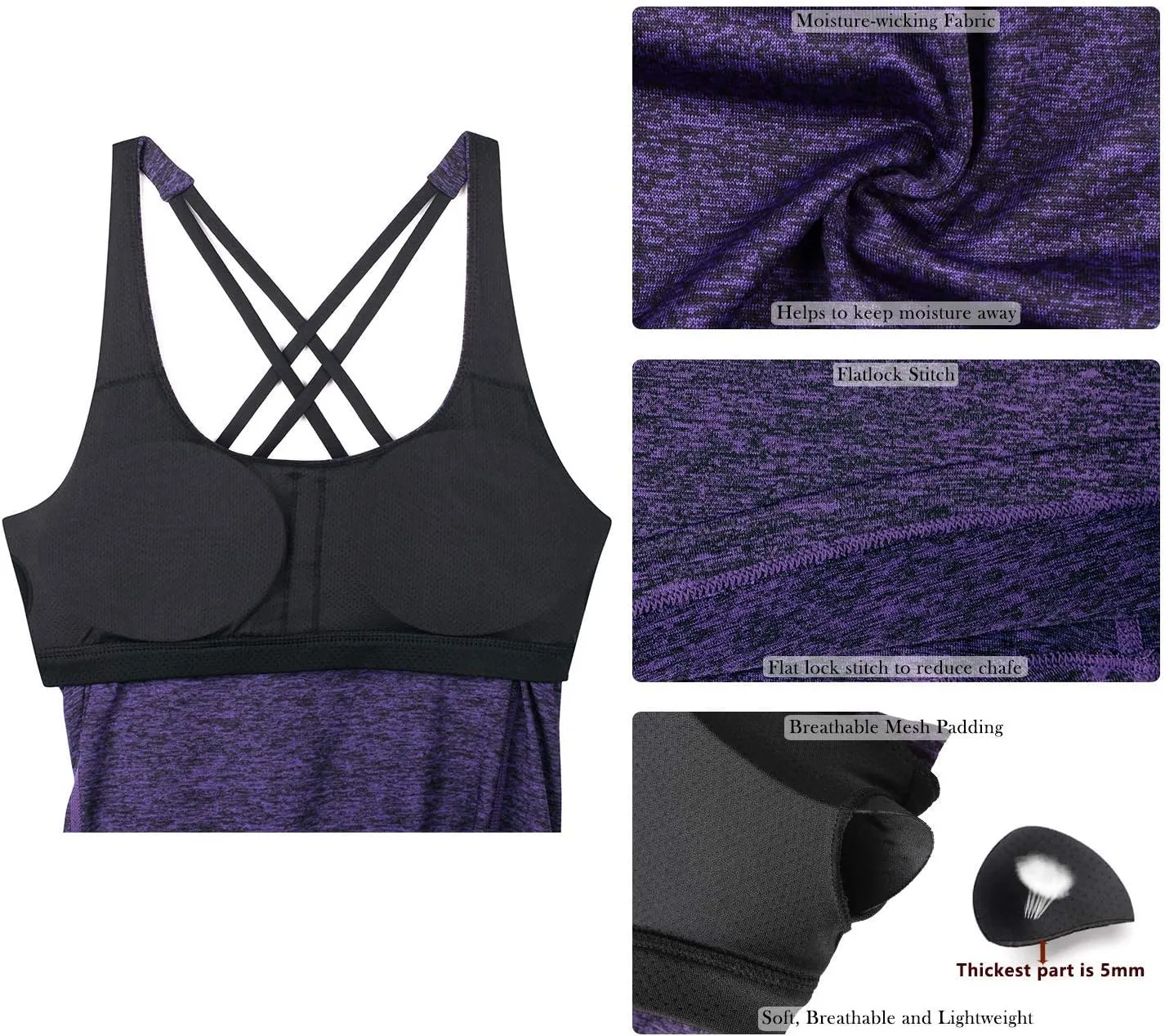 icyzone Workout Tank Tops Built in Bra - Women's Strappy Athletic Yoga Tops, Exercise Running Gym Shirts