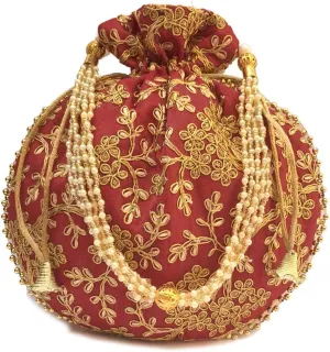 IGH Ethnic Potli Bag Ladies Handbag Batwa Pearls Handle Clutch Purse for Bridal Women