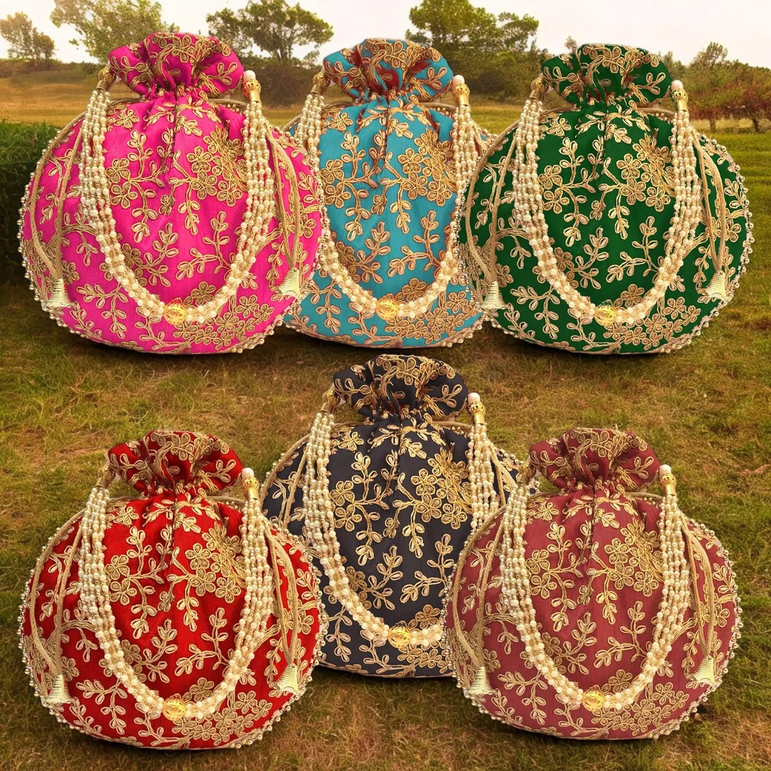 IGH Ethnic Potli Bag Ladies Handbag Batwa Pearls Handle Clutch Purse for Bridal Women