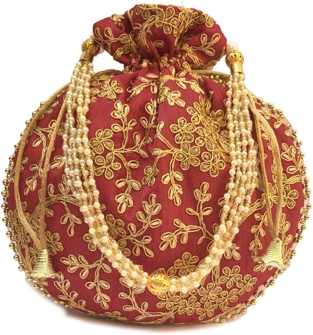 IGH Ethnic Potli Bag Ladies Handbag Batwa Pearls Handle Clutch Purse for Bridal Women