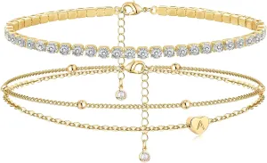 Initial Ankle Bracelets for Women, Dainty Gold Layered Heart CZ Bead Anklets, 14K Gold Plated Waterproof Summer Beach Jewelry Set