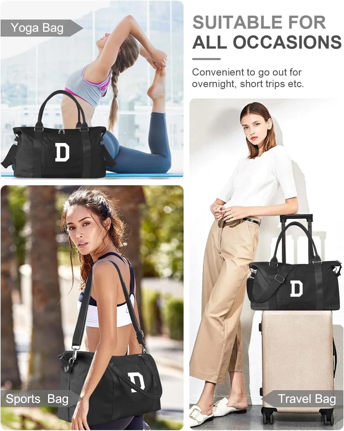 Initial Travel Duffel Bag Sports Gym Bag for Boys Teen Birthday Gifts,Black Personalized Weekender Bag Carry On Tote Bags for Men,Waterproof Overnight Luggage Bag Airplane Travel Essentials(Letter D)