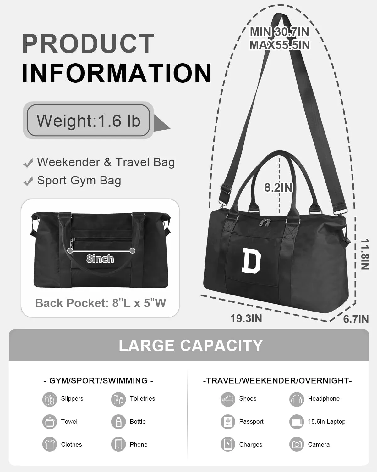 Initial Travel Duffel Bag Sports Gym Bag for Boys Teen Birthday Gifts,Black Personalized Weekender Bag Carry On Tote Bags for Men,Waterproof Overnight Luggage Bag Airplane Travel Essentials(Letter D)