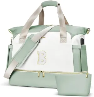 Initials Travel Bag for Women, Personalized Gym Bag with Shoes Compartment, Travel Duffel Bag with USB Charging Port, Weekender Overnight Bag for Women, Travel, Gym, Yoga Beige - A