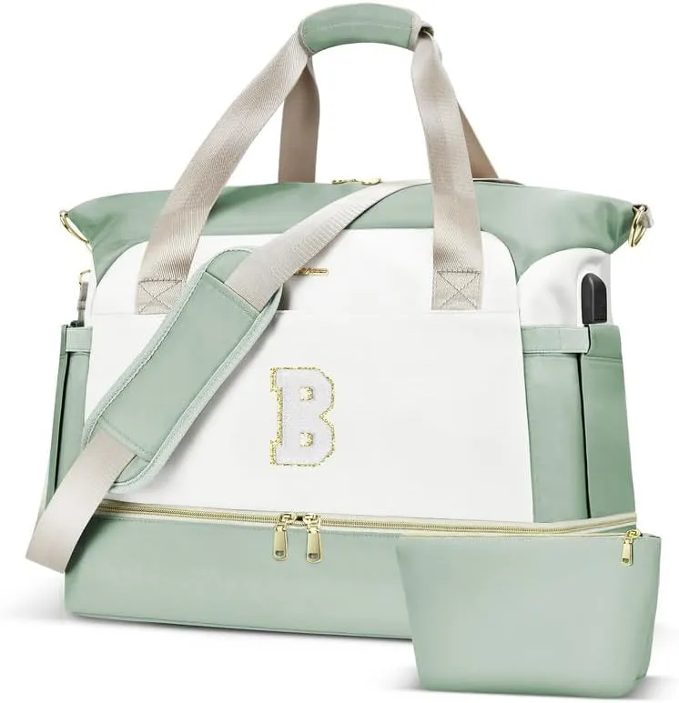 Initials Travel Bag for Women, Personalized Gym Bag with Shoes Compartment, Travel Duffel Bag with USB Charging Port, Weekender Overnight Bag for Women, Travel, Gym, Yoga Beige - A