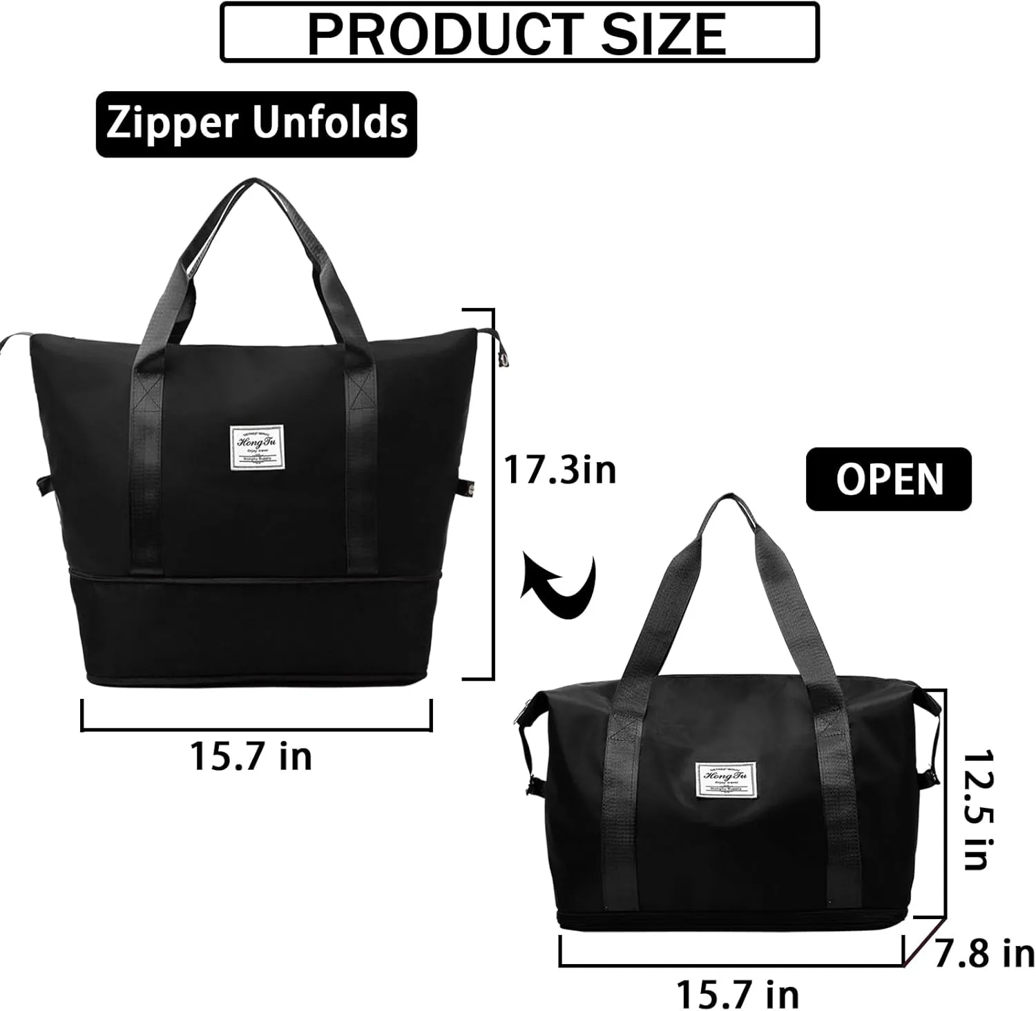 INVODA Travel Duffel Bag For Women and Men Waterproof Expandable Weekender Overnight Carry On Tote Bag Dry Wet Separation Swim Sports Gym Bag (Black)