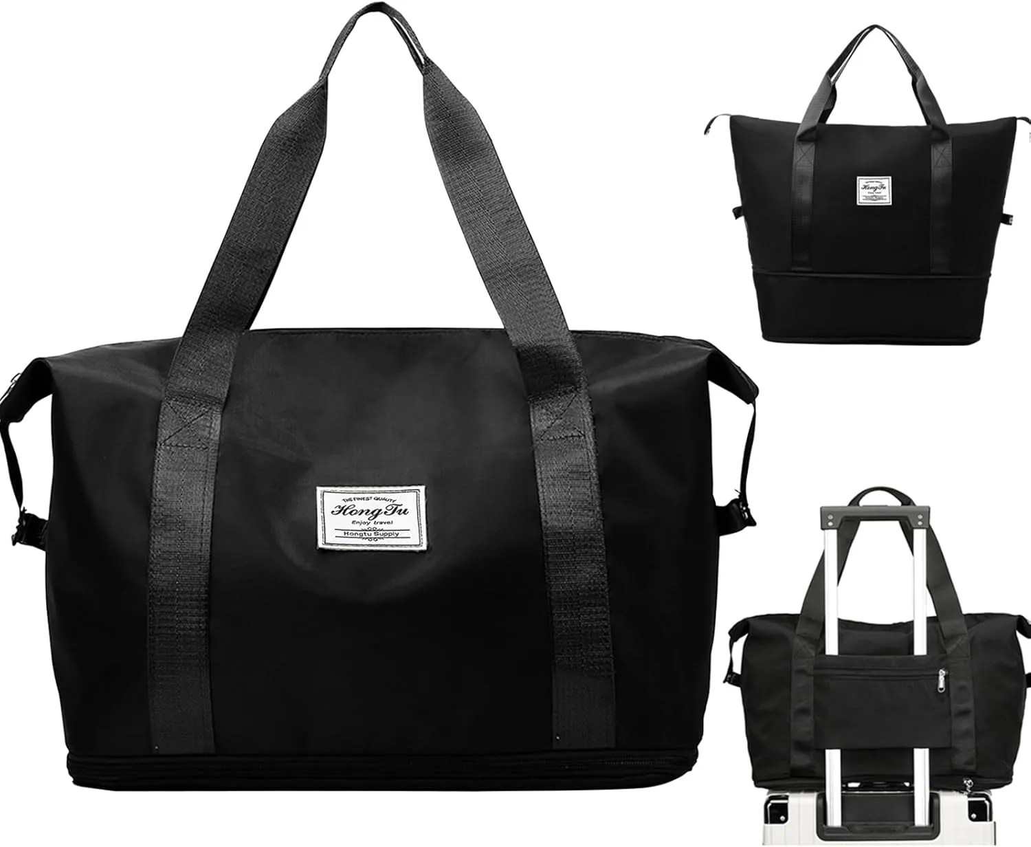 INVODA Travel Duffel Bag For Women and Men Waterproof Expandable Weekender Overnight Carry On Tote Bag Dry Wet Separation Swim Sports Gym Bag (Black)