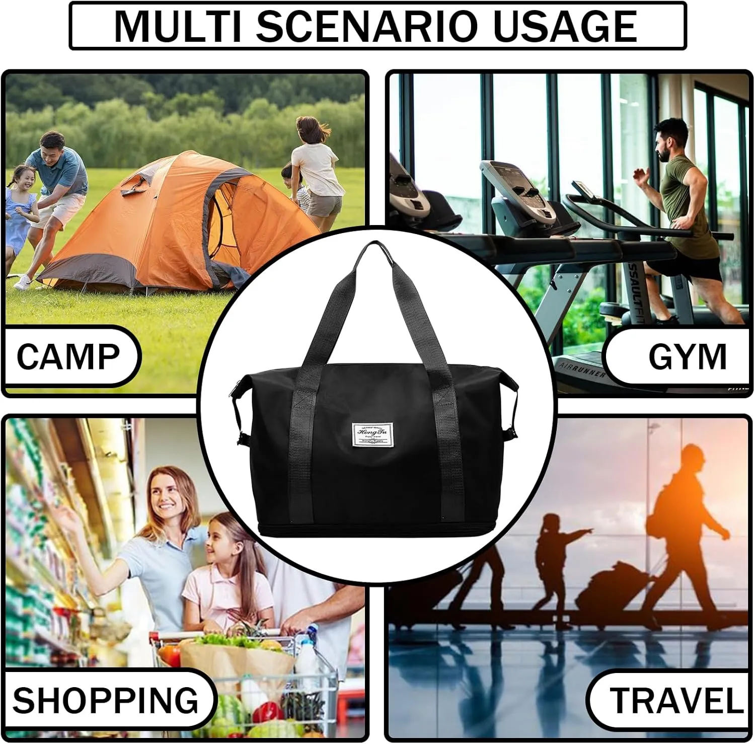 INVODA Travel Duffel Bag For Women and Men Waterproof Expandable Weekender Overnight Carry On Tote Bag Dry Wet Separation Swim Sports Gym Bag (Black)