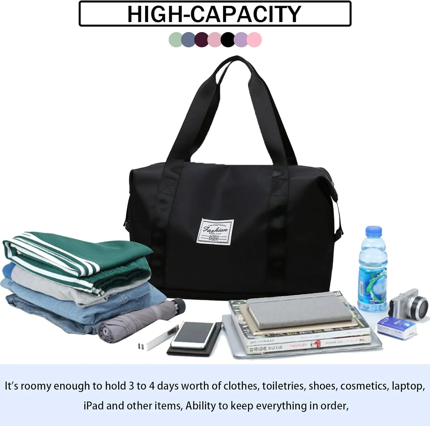 INVODA Travel Duffel Bag For Women and Men Waterproof Expandable Weekender Overnight Carry On Tote Bag Dry Wet Separation Swim Sports Gym Bag (Black)