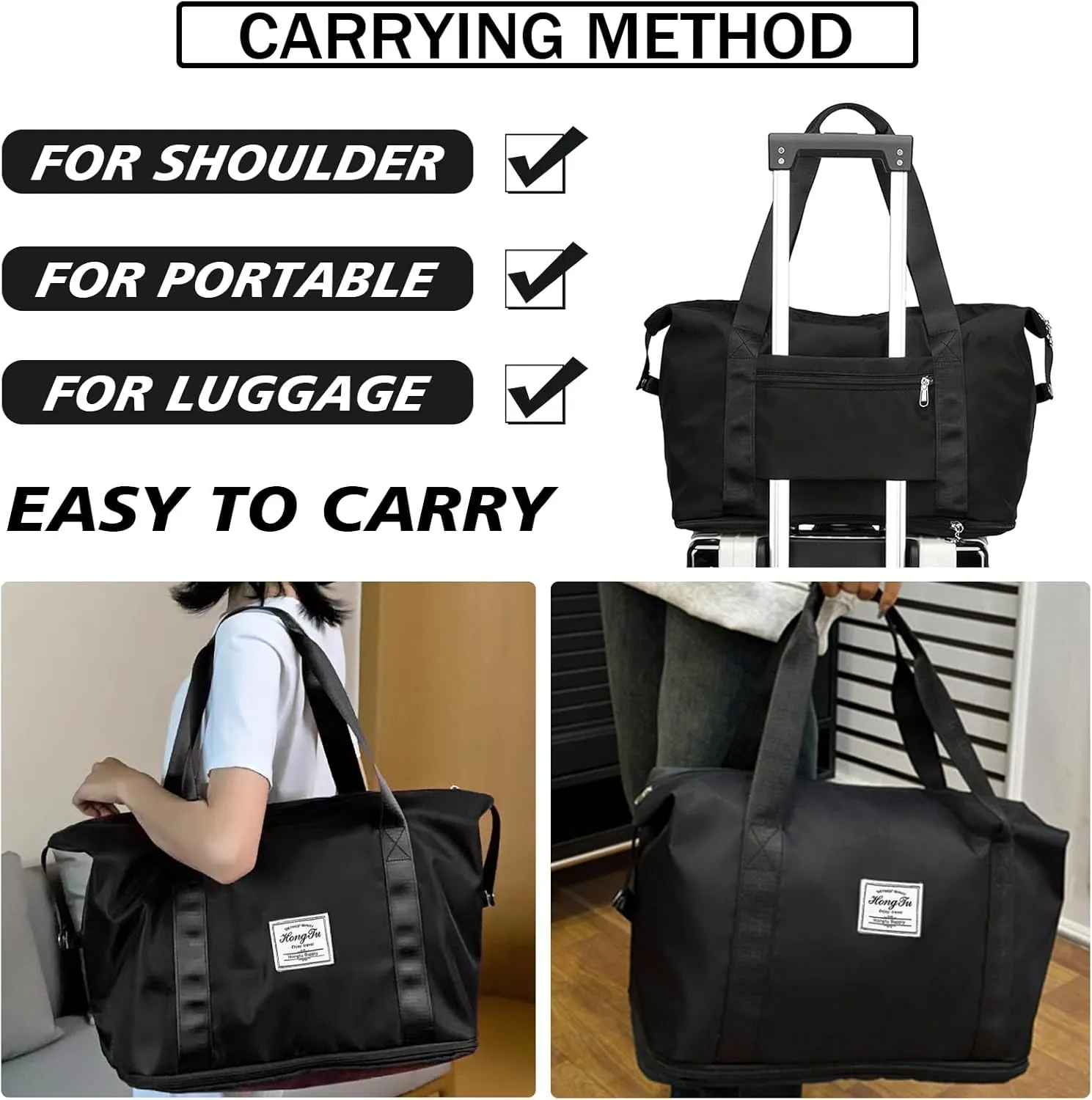 INVODA Travel Duffel Bag For Women and Men Waterproof Expandable Weekender Overnight Carry On Tote Bag Dry Wet Separation Swim Sports Gym Bag (Black)