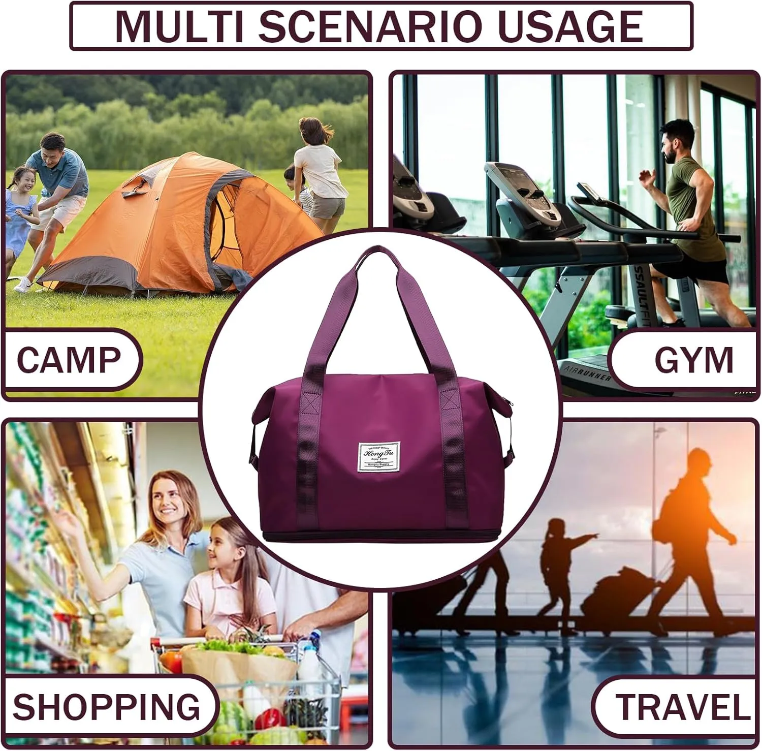 INVODA Travel Duffel Bag For Women and Men Waterproof Expandable Weekender Overnight Carry On Tote Bag Dry Wet Separation Swim Sports Gym Bag (Fuchsia)