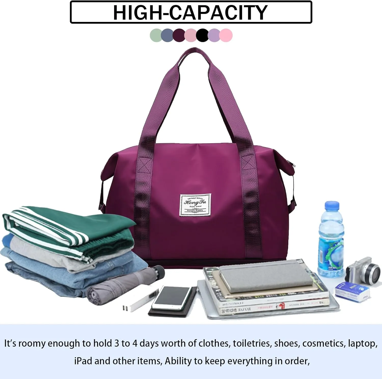 INVODA Travel Duffel Bag For Women and Men Waterproof Expandable Weekender Overnight Carry On Tote Bag Dry Wet Separation Swim Sports Gym Bag (Fuchsia)