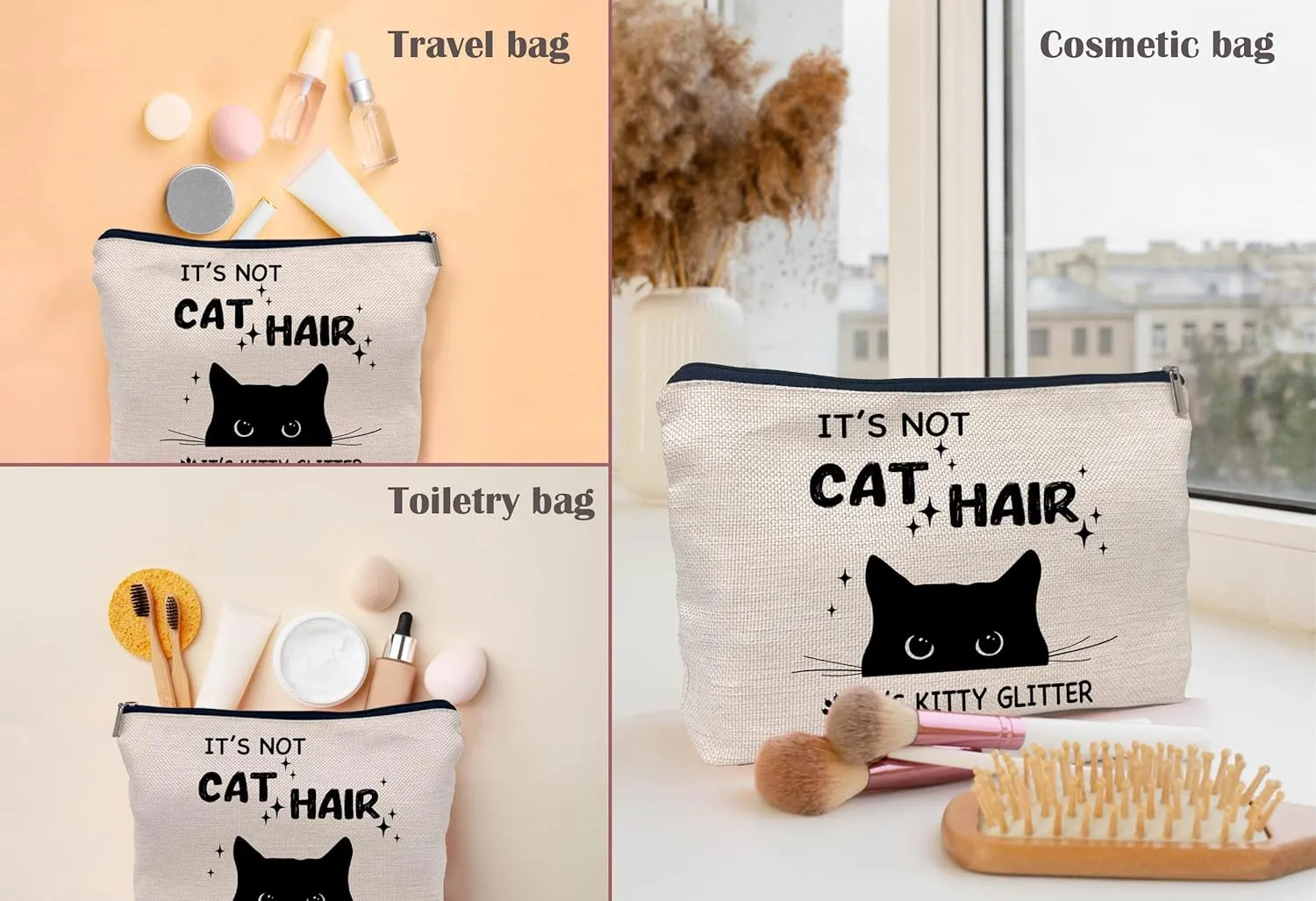 It's Not Cat Hair It's Kitty Glitter Funny Black Cat Makeup Bag Make up Cosmetic Bag Small Zipper Pouch,Birthday Gifts for Cat Lovers Women Sister Daughter